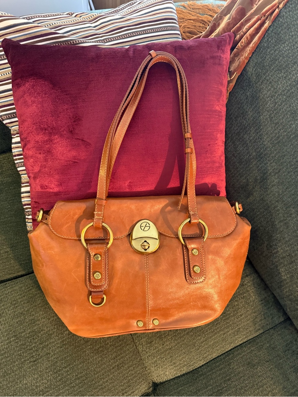 Francesco Biasia Cognac Leather Shoulder Bag with Gold Hardware